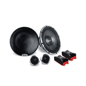 Black Sonda TX4565 car speakers with silver trim, mounted in a car door panel, showcasing modern audio design in kenya