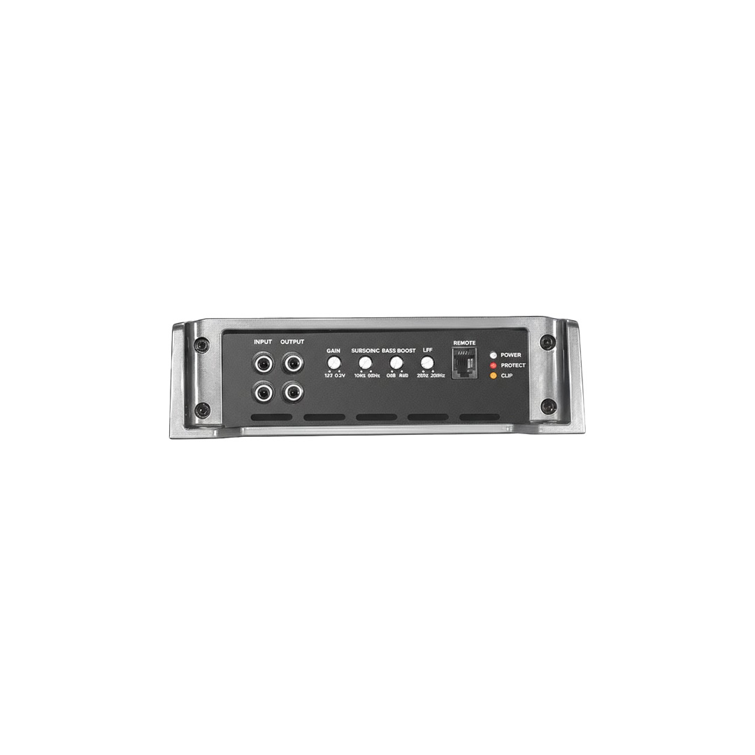 Recoil RED2500.1 Class-D monoblock car audio amplifier showing 1/0 gauge power terminals and control panel