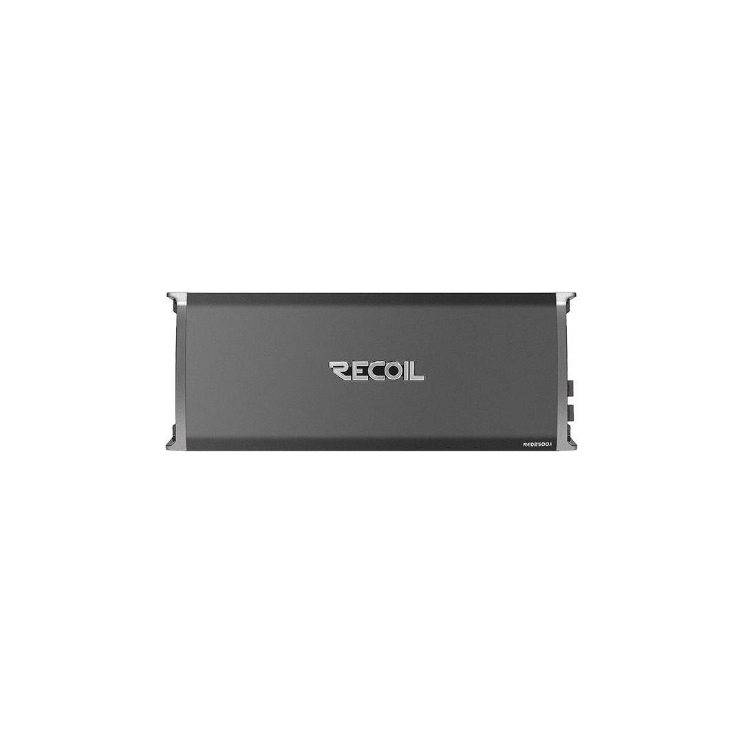 Recoil RED2500.1 Class-D monoblock car audio amplifier showing 1/0 gauge power terminals and control panel